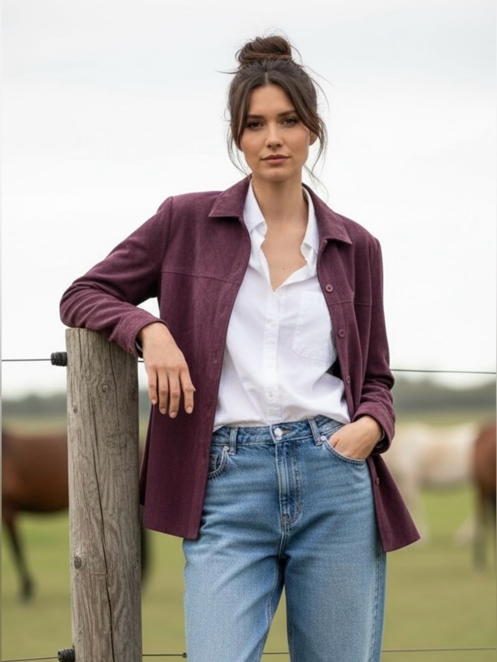 Vtg Y2K HUGO BUSCATI Purple Suede Leather Jacket Shacket Medium Boho Western